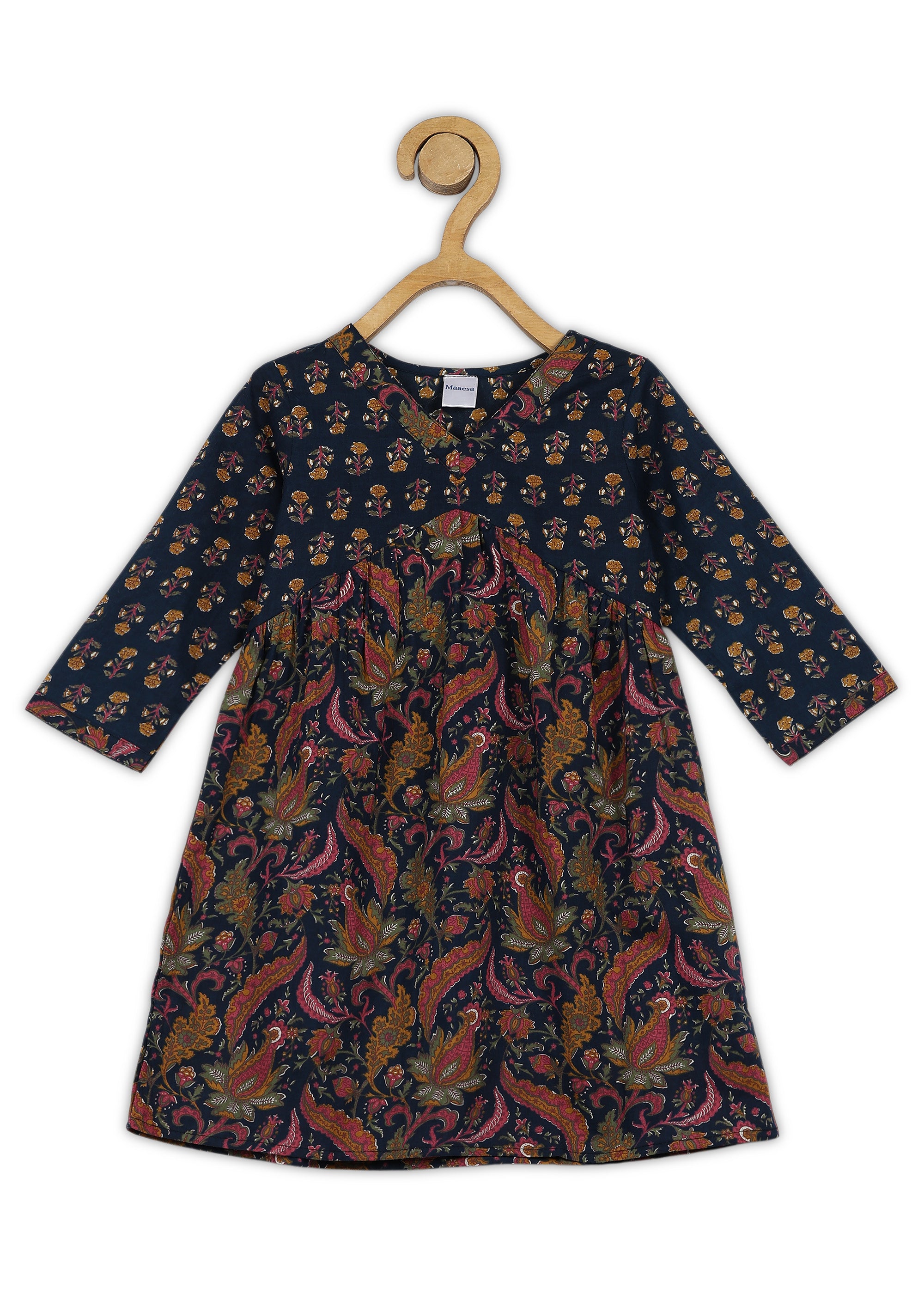 Girls Blue Printed Cotton A-line Kurta And Pant Set (K1090)