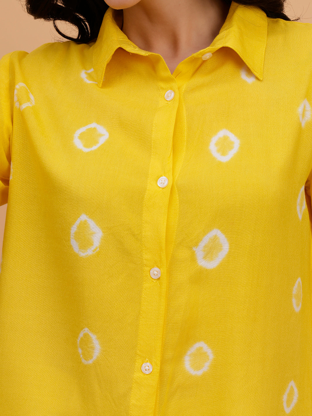 Women Hand Tie & Dye Yellow Rayon Casual Shirt (W1797)