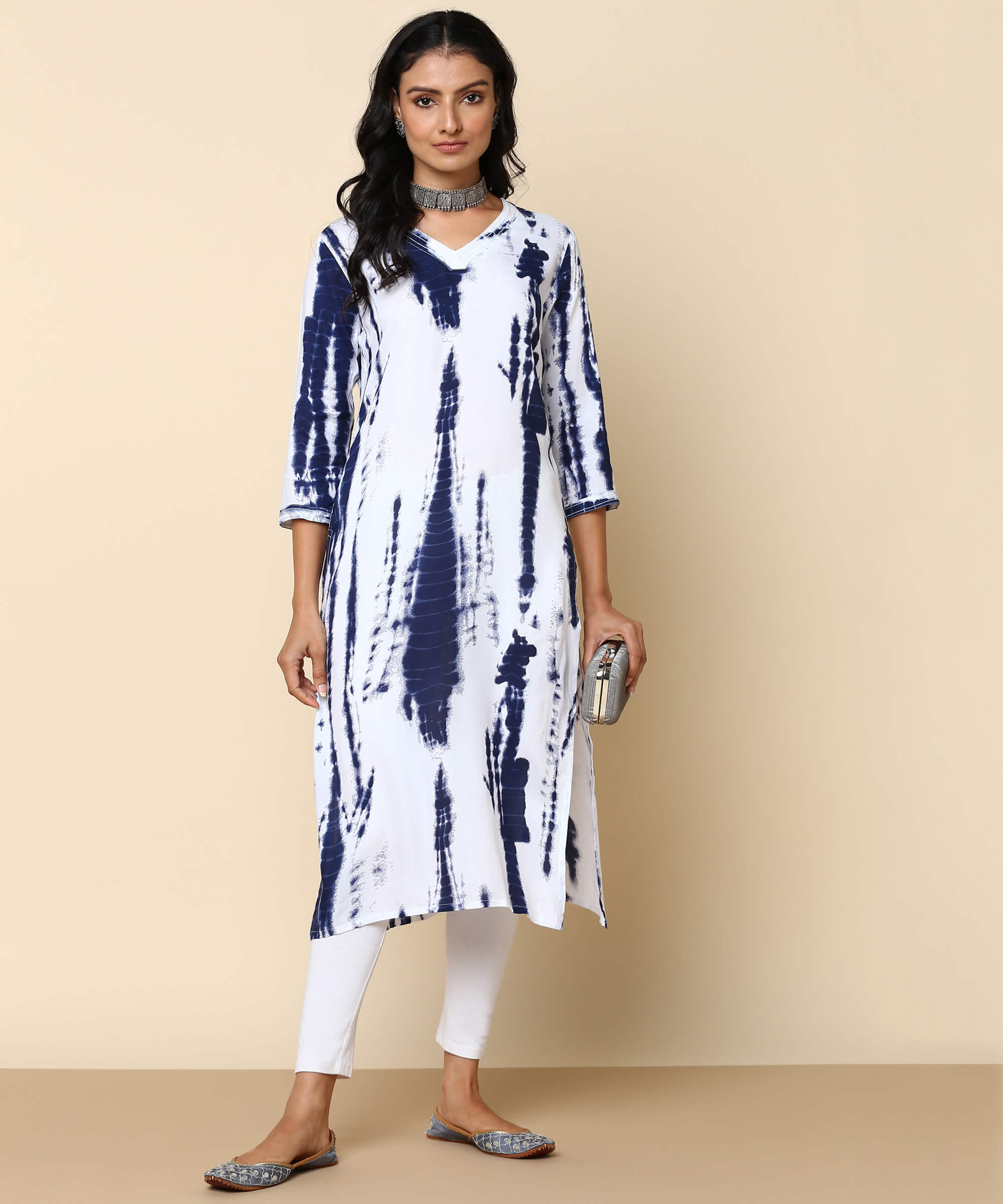 Women Casual Rayon Tie & Dye White Straight Kurta (W1308)
