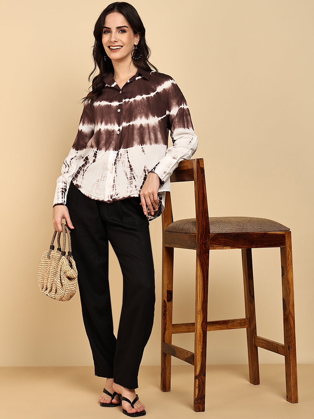 Women Casual Rayon Staple Tie & Dye Spread Collar Full Sleeves Loose Fit Shirt (W1694)