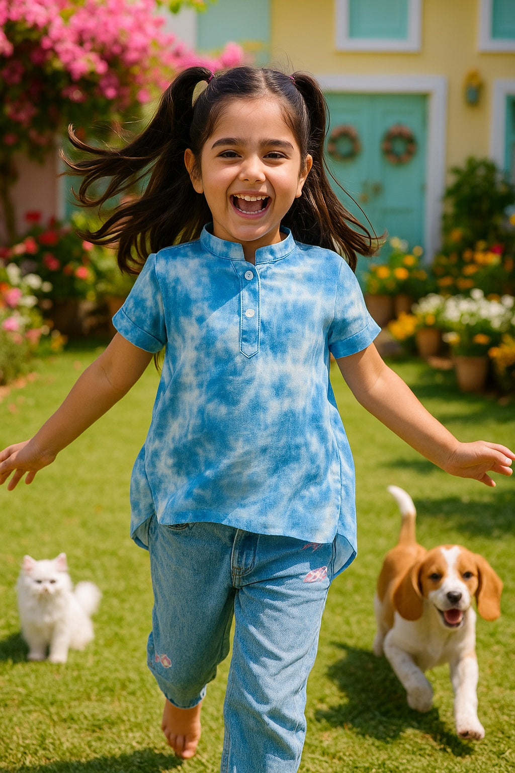 Light Blue Ombre Tie & Dye Mandarin Collar Rayon Slub Top For Girls (K11065)