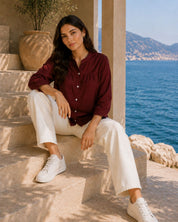 Women Rayon Slub Solid Mandarin Neck Regular Fit Shirt (W1747)