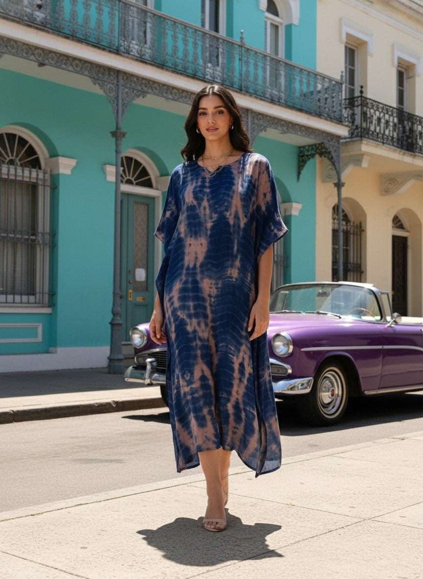 Women Rayon Tie & Dye Beige-Blue Kaftan Dress (W1206)