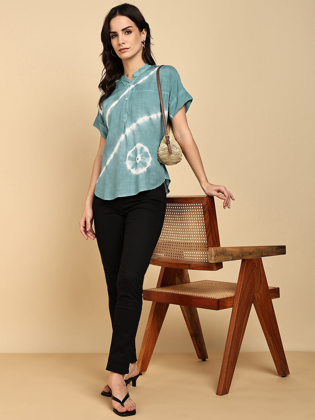 Women Casual Rayon Slub Tie & Dye Mandarin Short Sleeves Regular Fit Top (W1704)