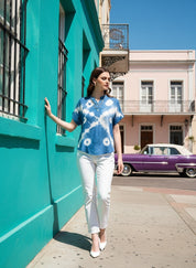 Vibrant Blue Tie-Dye Everywhere Top In Soft Rayon (W1544)