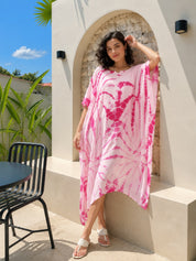 Women Handmade Tie-Dye Rayon Crepe Pink White Kaftan (W1639)