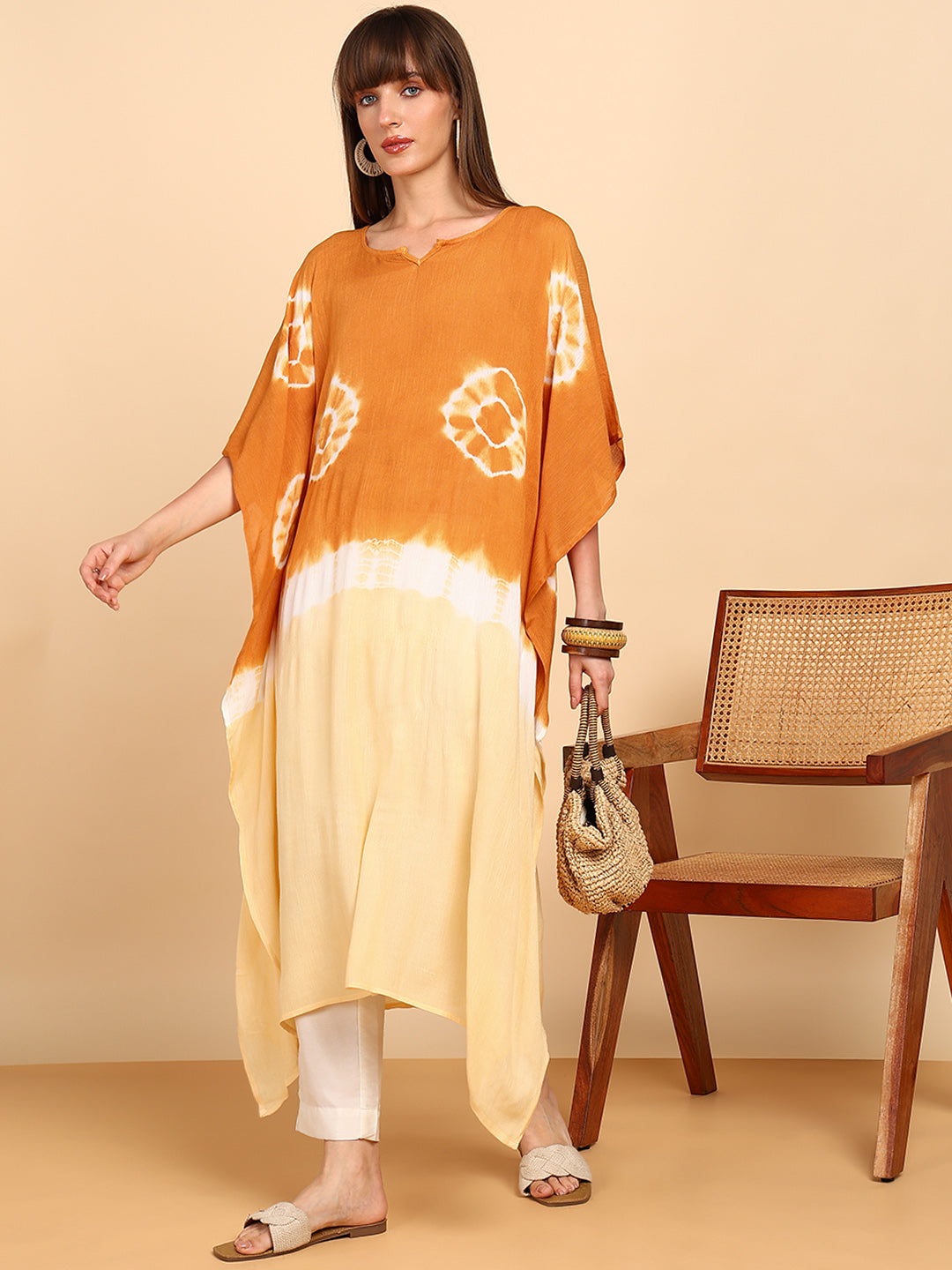 Women Hand Tie & Dye Rayon Crepe Kaftan (W1755)