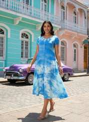 Rayon Tie and Dye Sky Blue A-Line Midi Dress (W1282)