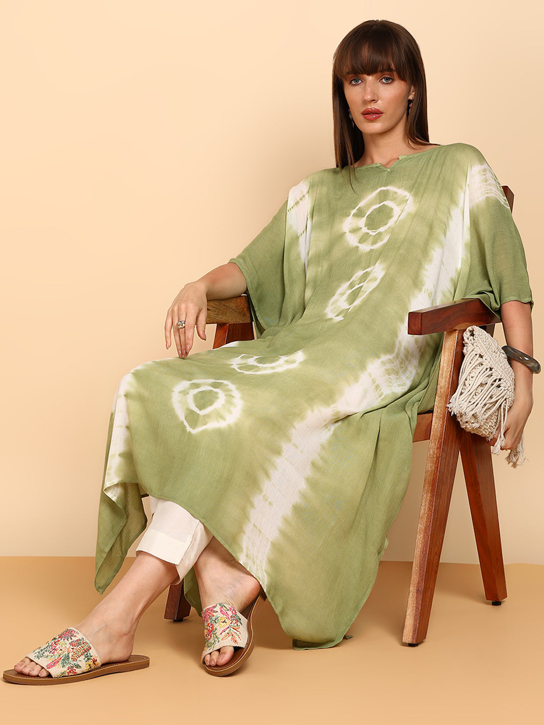 Women Hand Tie & Dye Rayon Crepe Kaftan (W1758)