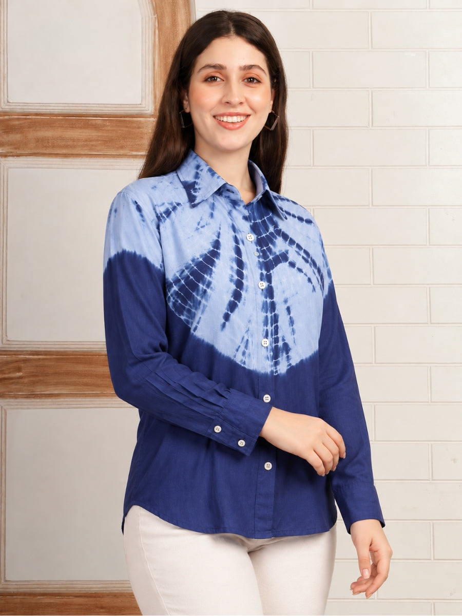 Women Blue Hand Tie & Dye Rayon Casual Shirt (W1827)
