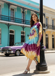 Women Rayon Tie & Dye Spiral Pink Yellow Kaftan Dress (W1347)