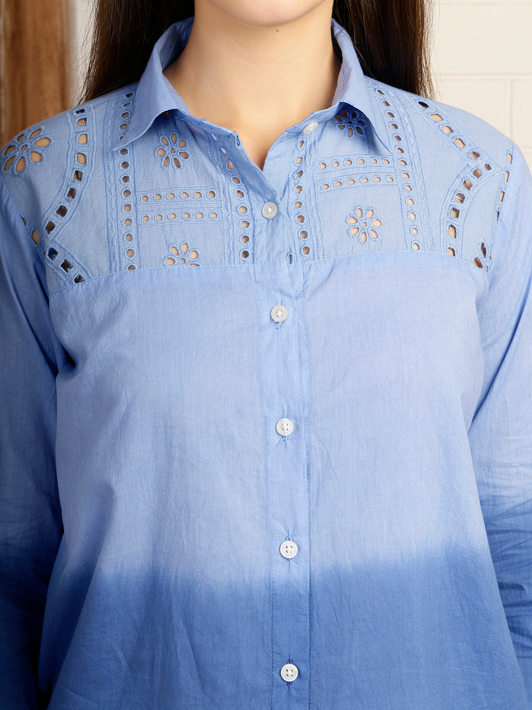 Women Blue Embellished Tie & Dye Camric Casual Shirt (W1823)