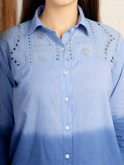 Women Blue Embellished Tie & Dye Camric Casual Shirt (W1823)