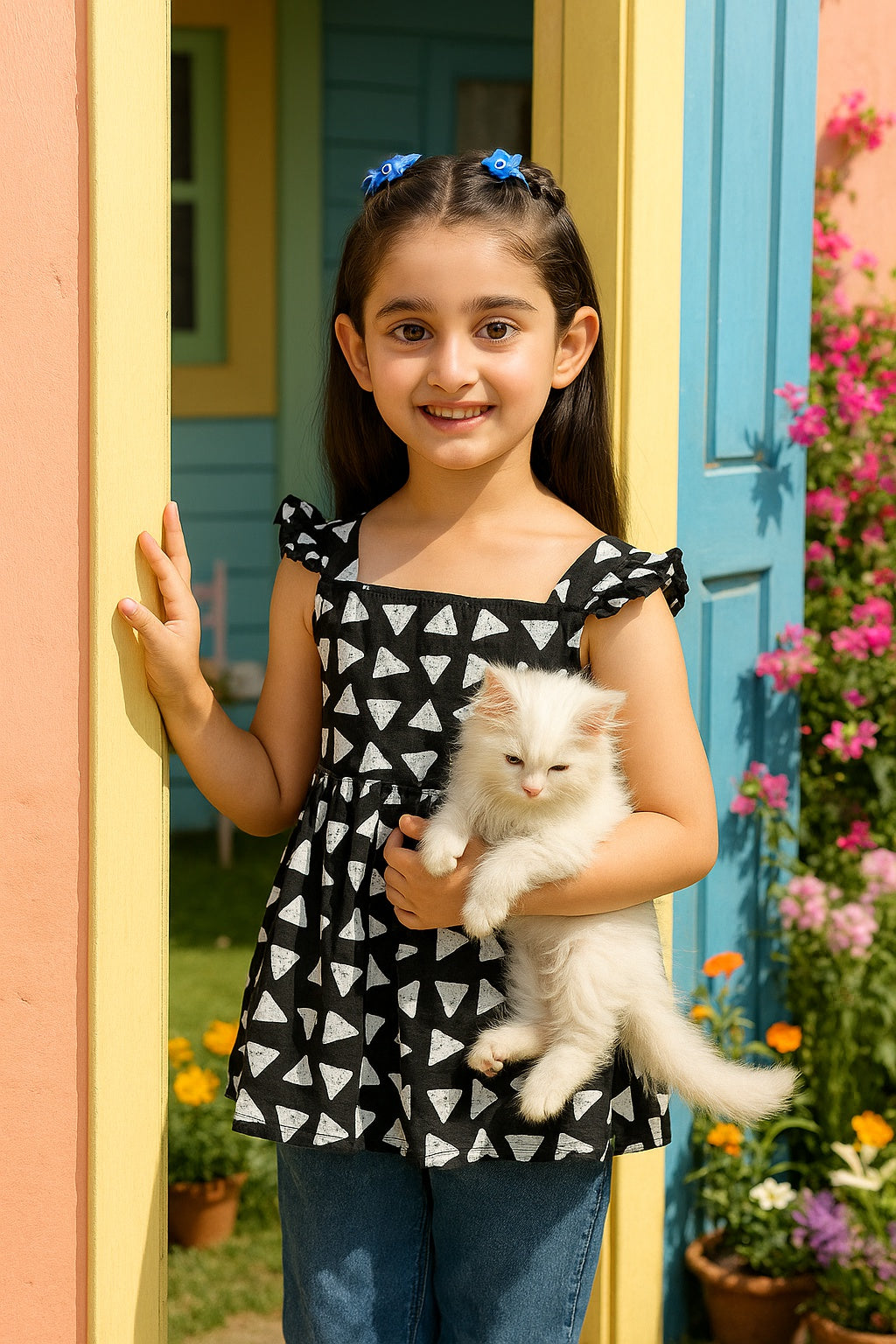 Cotton Printed Frill Shoulder Top for Girls (K1005)