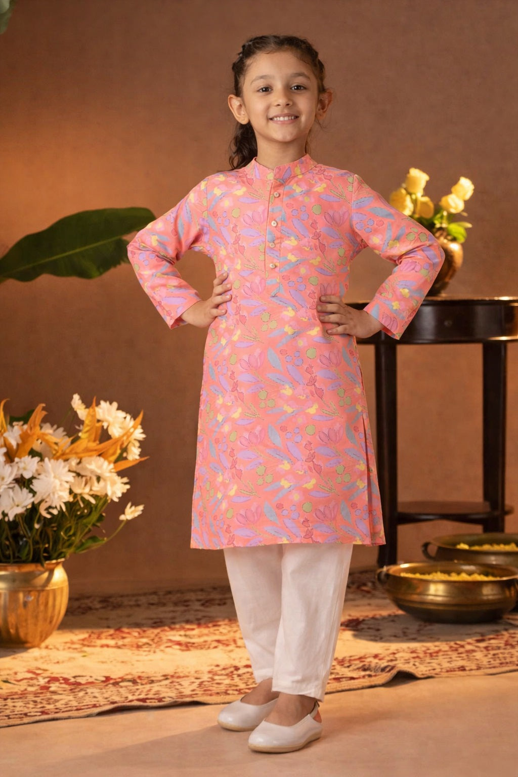Printed Cotton Kurta Pyjama Set For Girls (K11087)