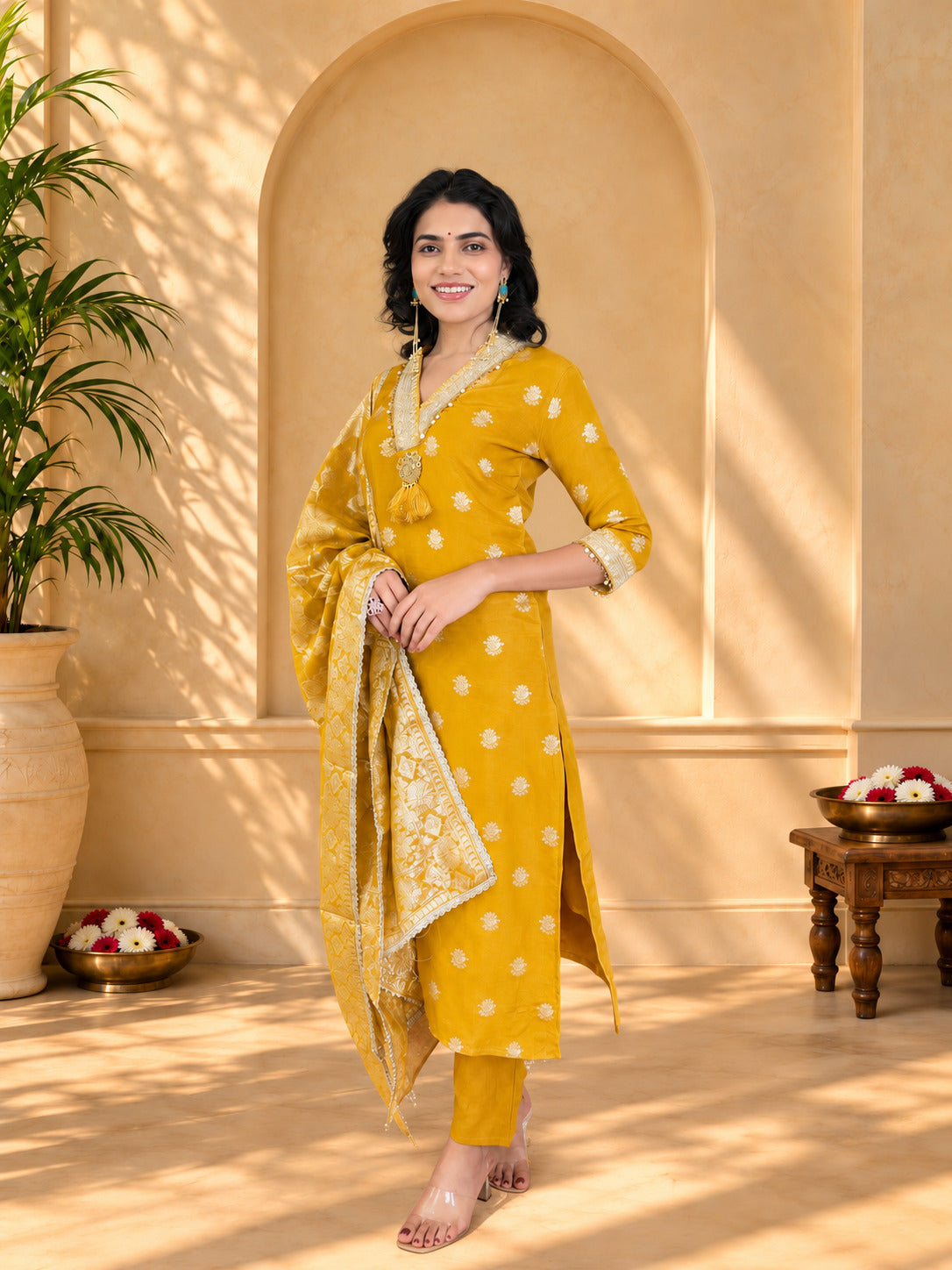 Jaipurhues Luxe Mustard Banarasi Silk Festive Kurta Set | Kurta Bottom Dupatta (W10007)