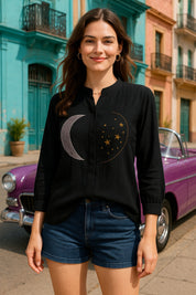 Black Tie-Dye Crepe Loose Fit Shirt (W1560)