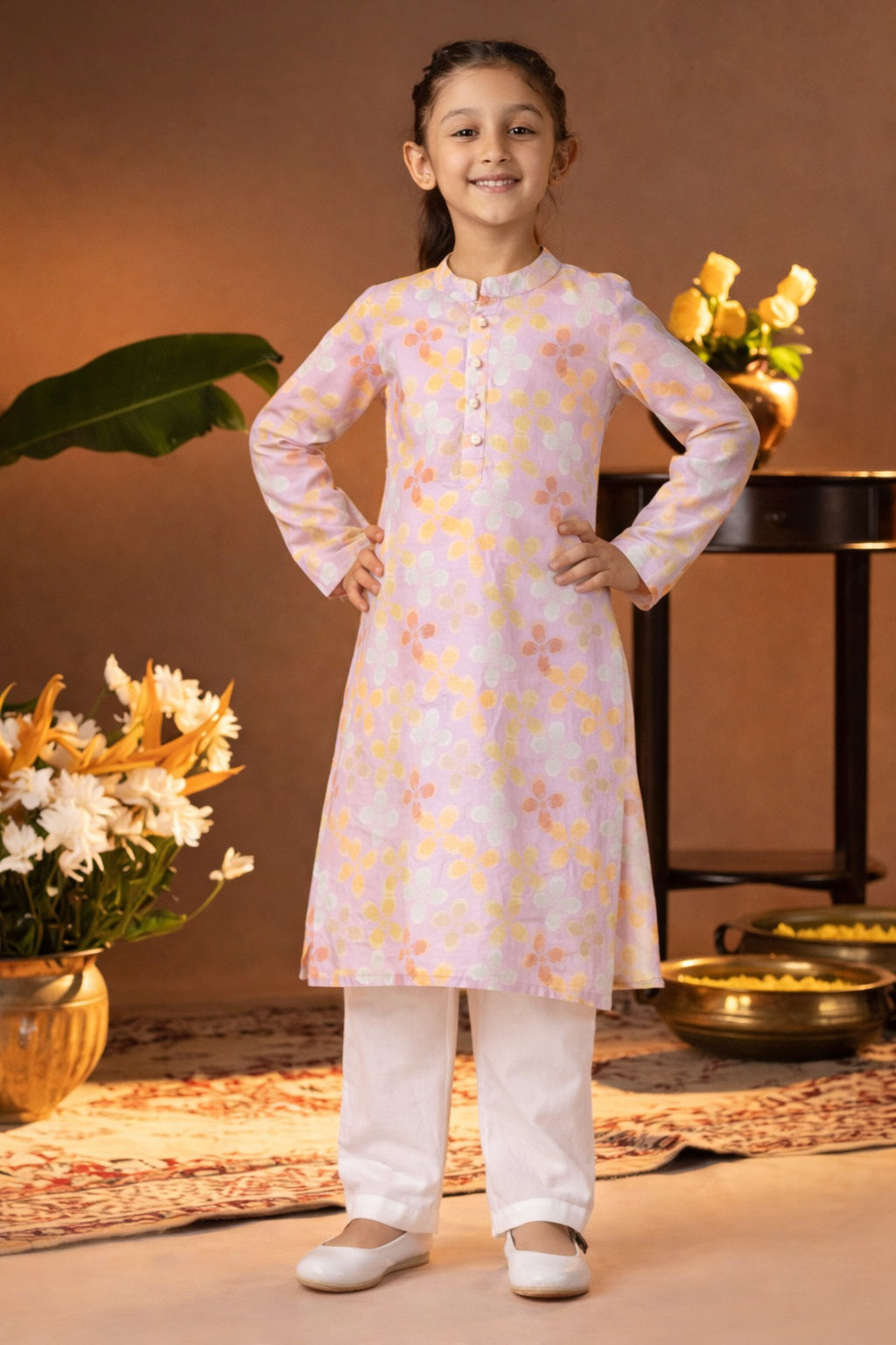 Printed Cotton Kurta Pyjama Set For Girls (K11085)