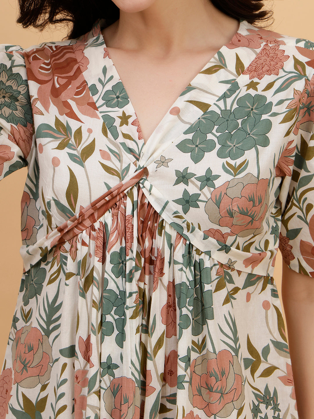 Women White Floral Printed Camric A-Line Dress (W1814)