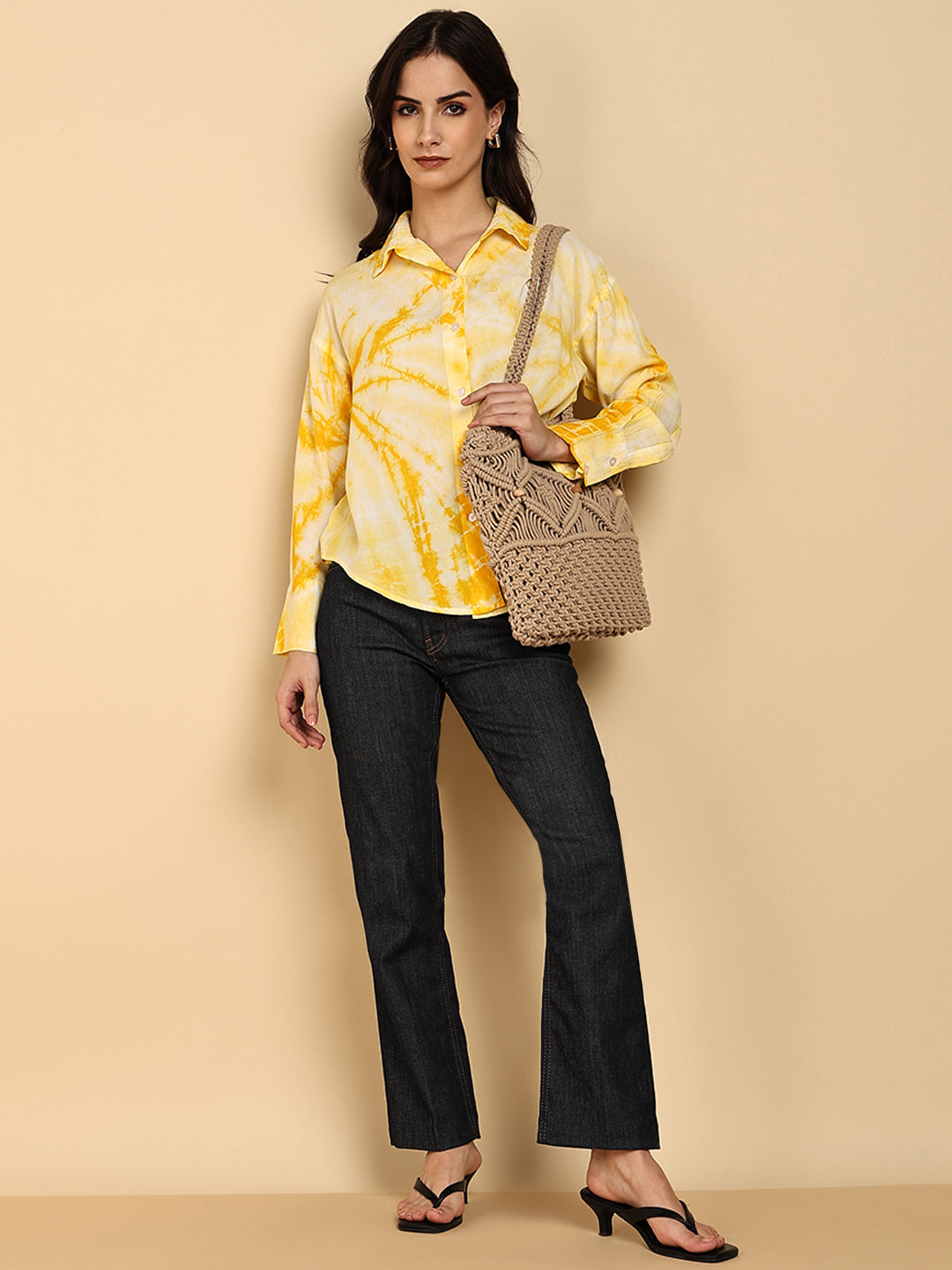 Women Casual Rayon Staple Tie & Dye Spread Collar Full Sleeves Loose Fit Shirt (W1699)