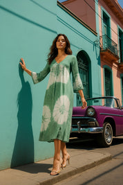 Women Handmade Floral Print Rayon Flared Light Green Dress (W1600)