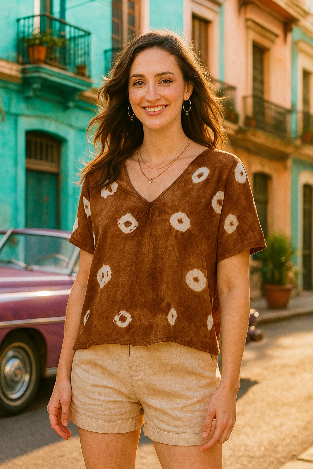 Half Sleeves Tie Dyed Front Pleated Rayon Top (W1473)