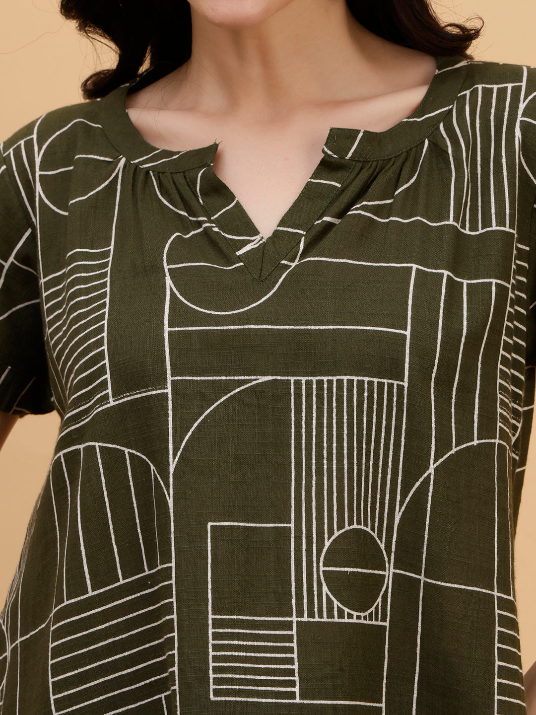 Women Green Cotton Printed Casual Top (W1793)