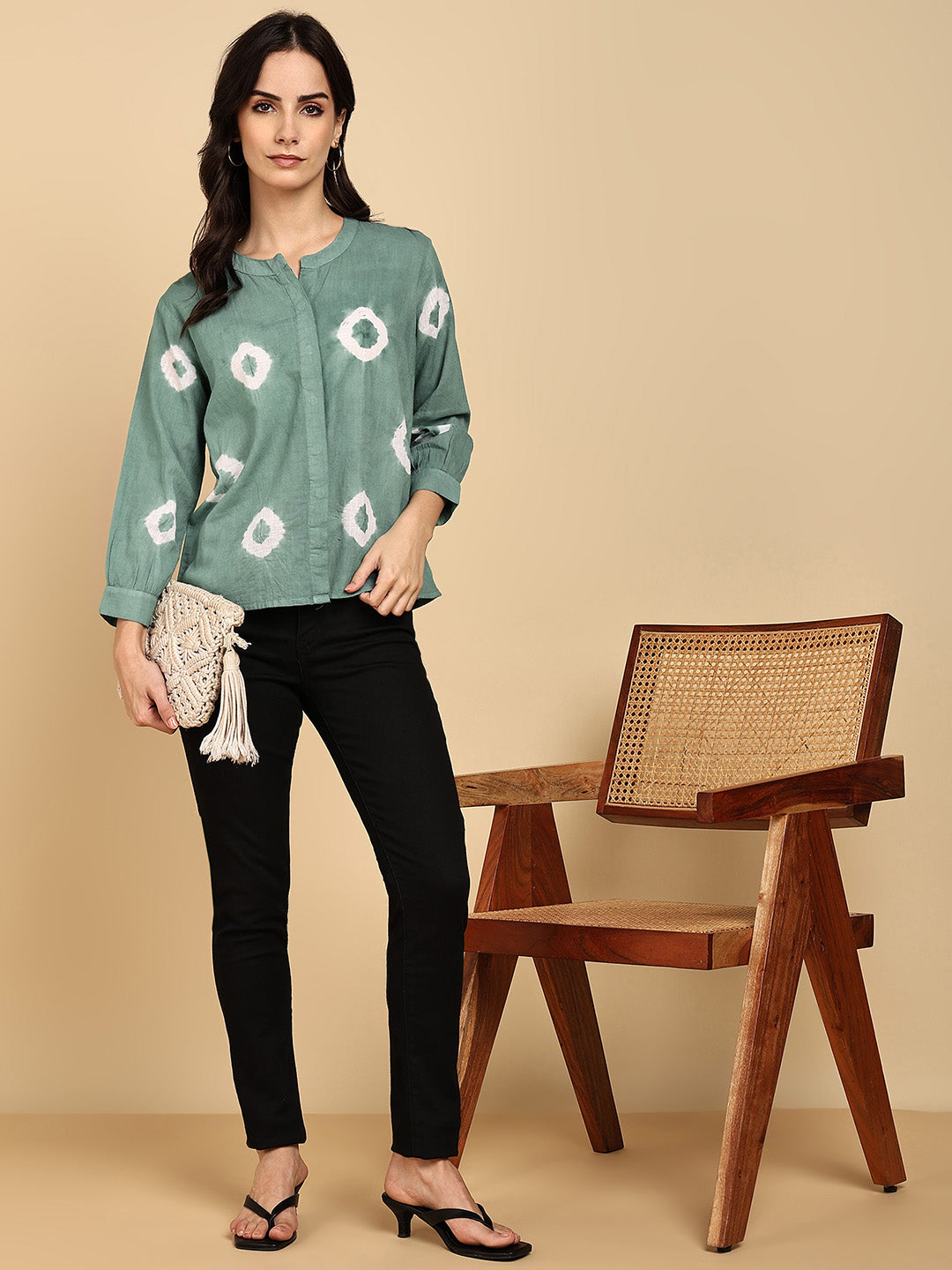 Women Casual Cotton Slub Tie & Dye Mandarin Full Sleeves Regular Fit Shirt (W1719)