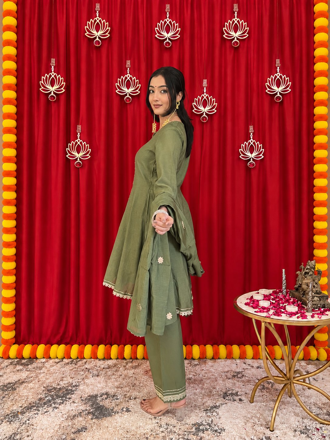 Maaesa Luxe Green Mulchanderi Festive Kurta Set | Kurta Bottom Dupatta (W10009)