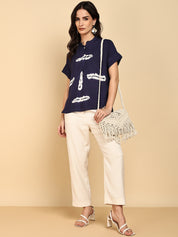 Women Casual Rayon Slub Tie & Dye Mandarin Short Sleeves Regular Fit Top (W1702)