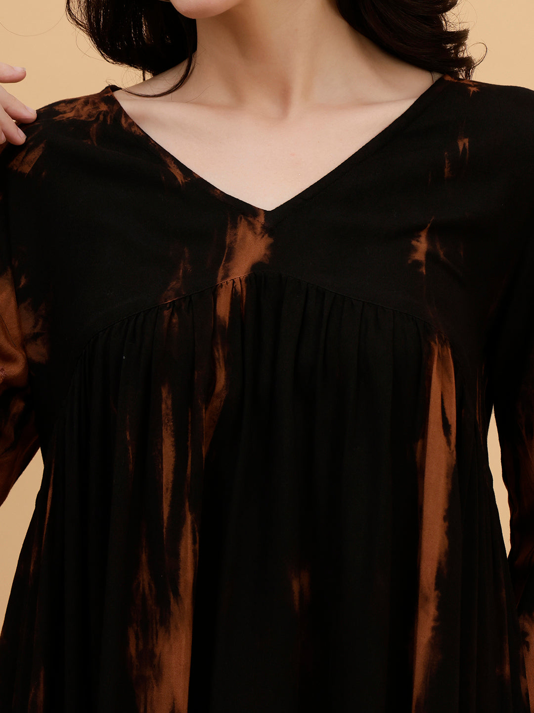 Women Hand Tie & Dye Black Rayon A-Line Dress (W1802)