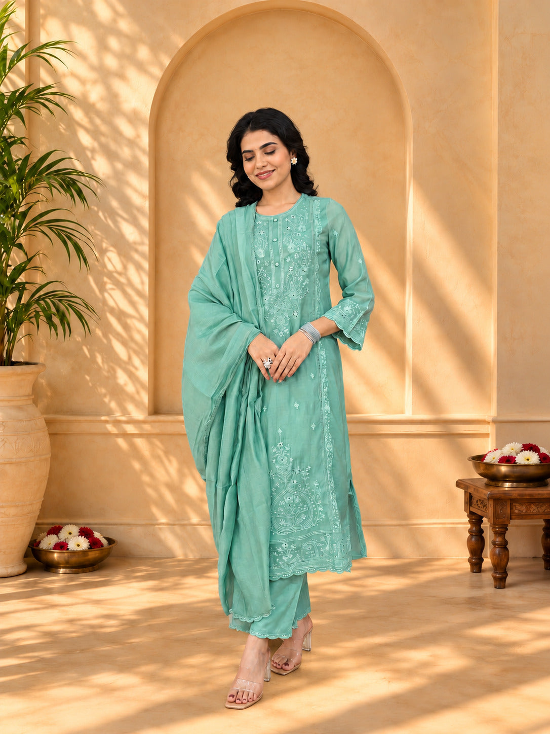Jaipurhues Luxe Rama Muslin Silk Festive Kurta Set | Kurta Bottom Dupatta (W10008)