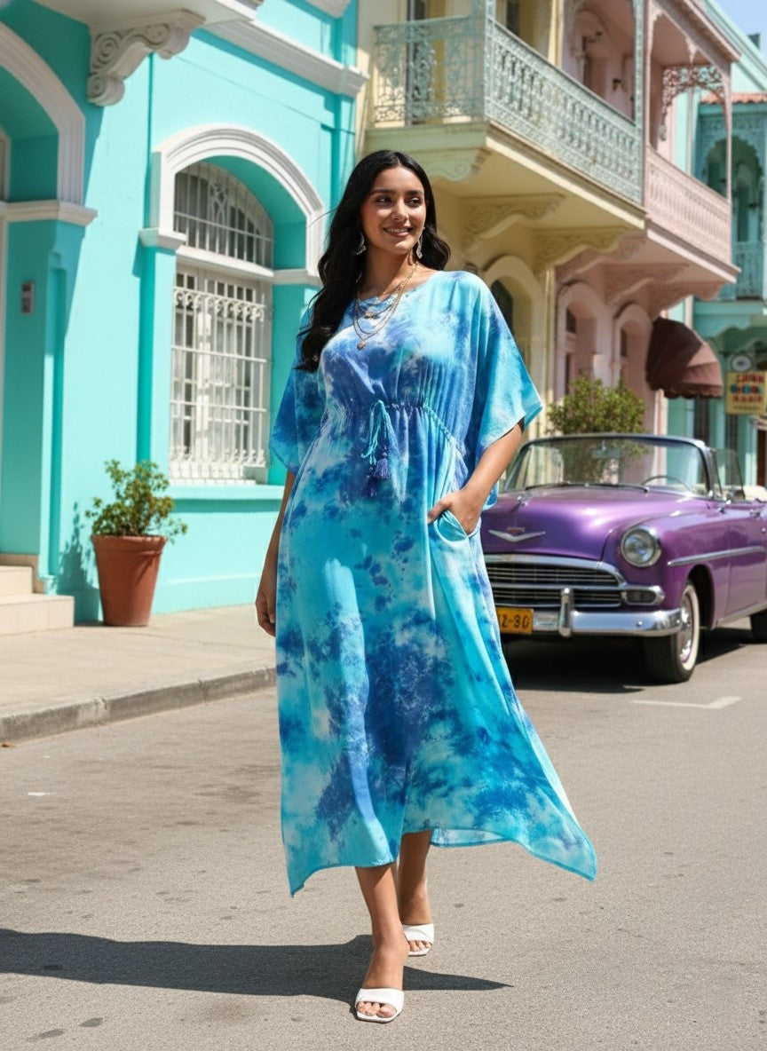 Rayon Hand Dyed Tie Dye Green Kaftan Dress (W1191)