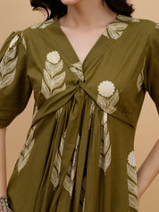 Women Olive Green Printed Camric A-Line Dress (W1813)