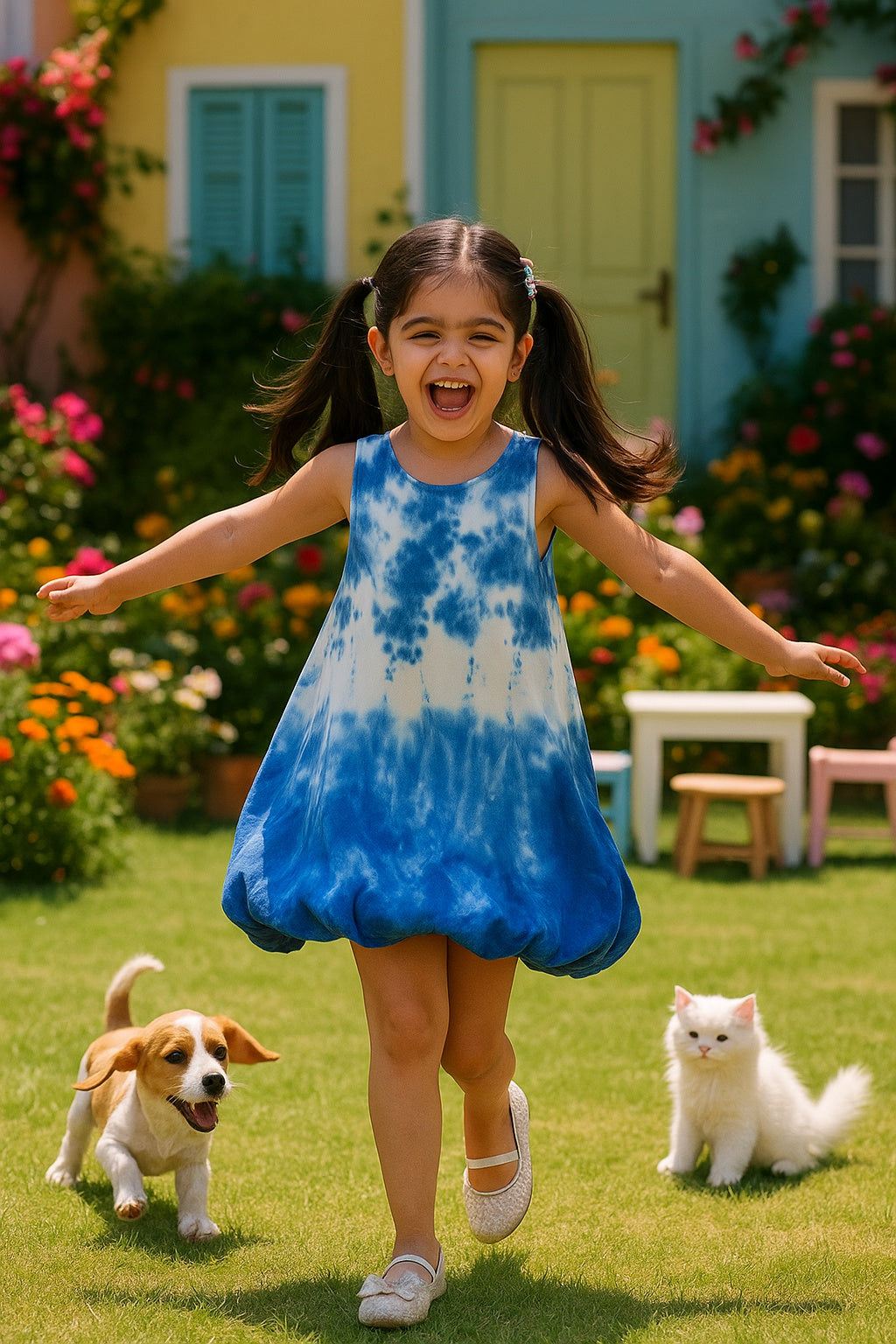 Tie & Dye Rayon Staple Fit and Flare Blue Dress for Girls (K11060)