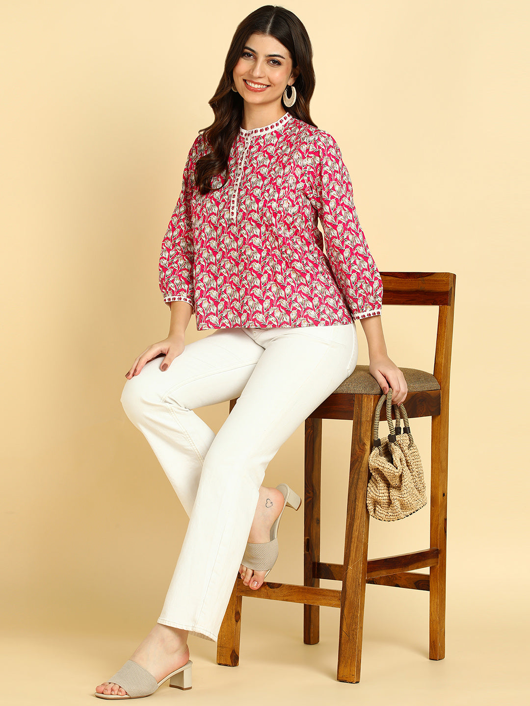 Women Casual Block Printed Cotton Regular Fit Top (W1683)