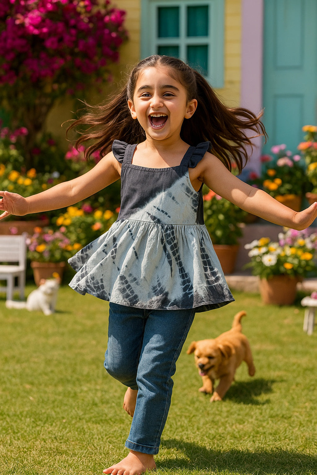 Hand Tie Dyed Frill Shoulder Top for Girls (K1006)