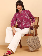 Women Cotton Slub Printed Mandarin Collar Regular Fit Shirt (W1762)
