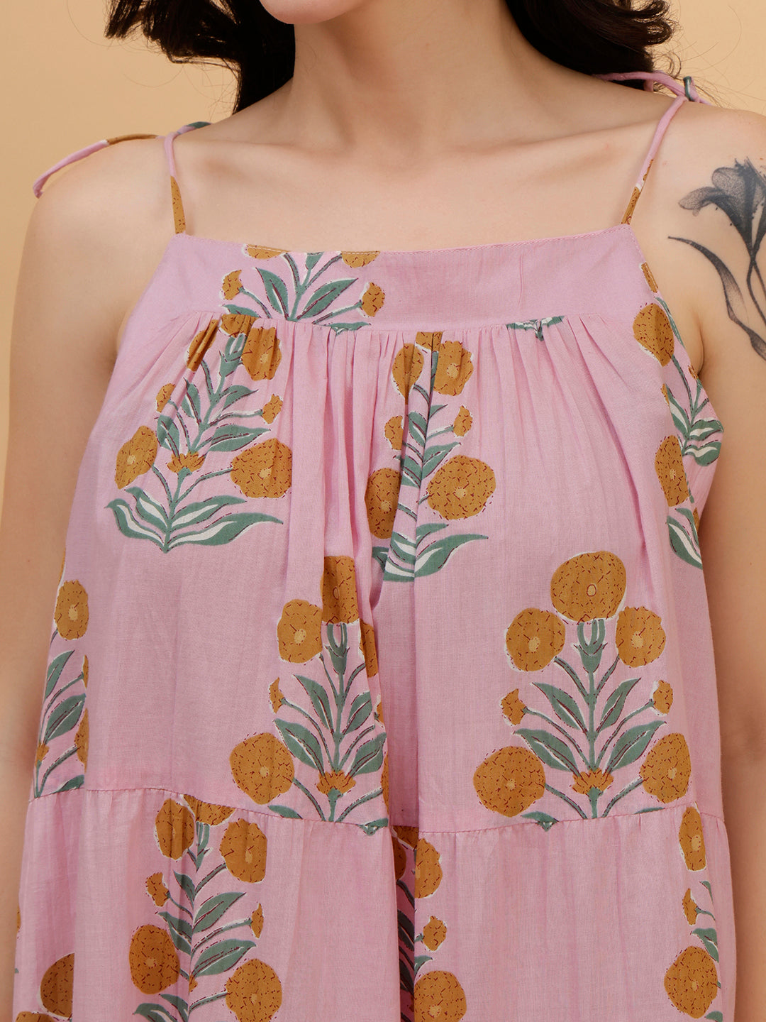 Women Pink Floral Printed Camric A-Line Dress (W1815)