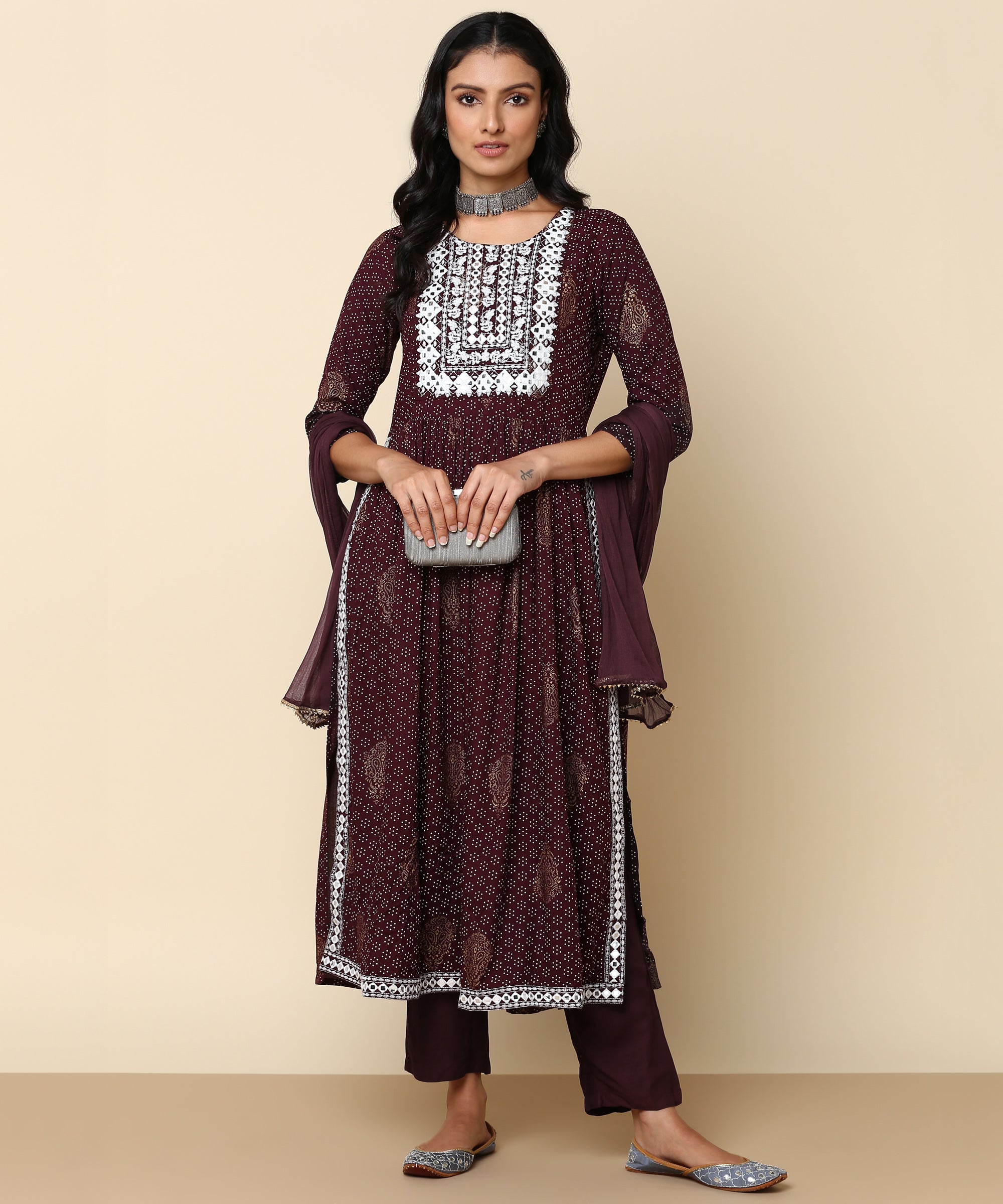 Coffee Brown Embroidered Rayon Naira Cut Kurta with Chiffon Dupatta (W1418)