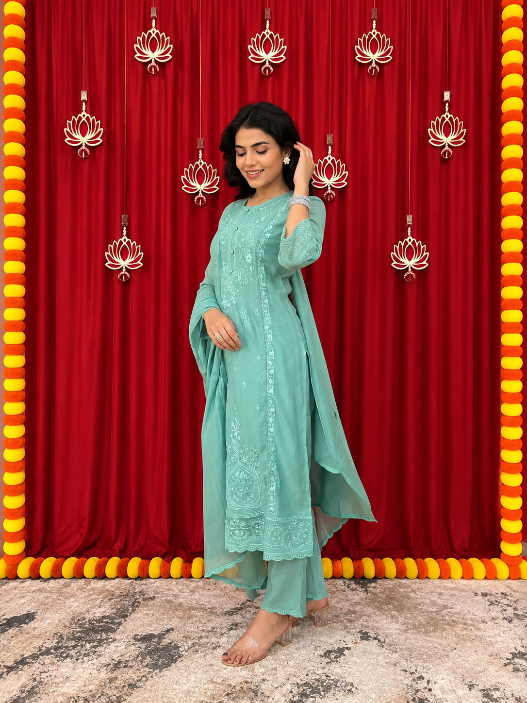 Maaesa Luxe Rama Muslin Silk Festive Kurta Set | Kurta Bottom Dupatta (W10008)