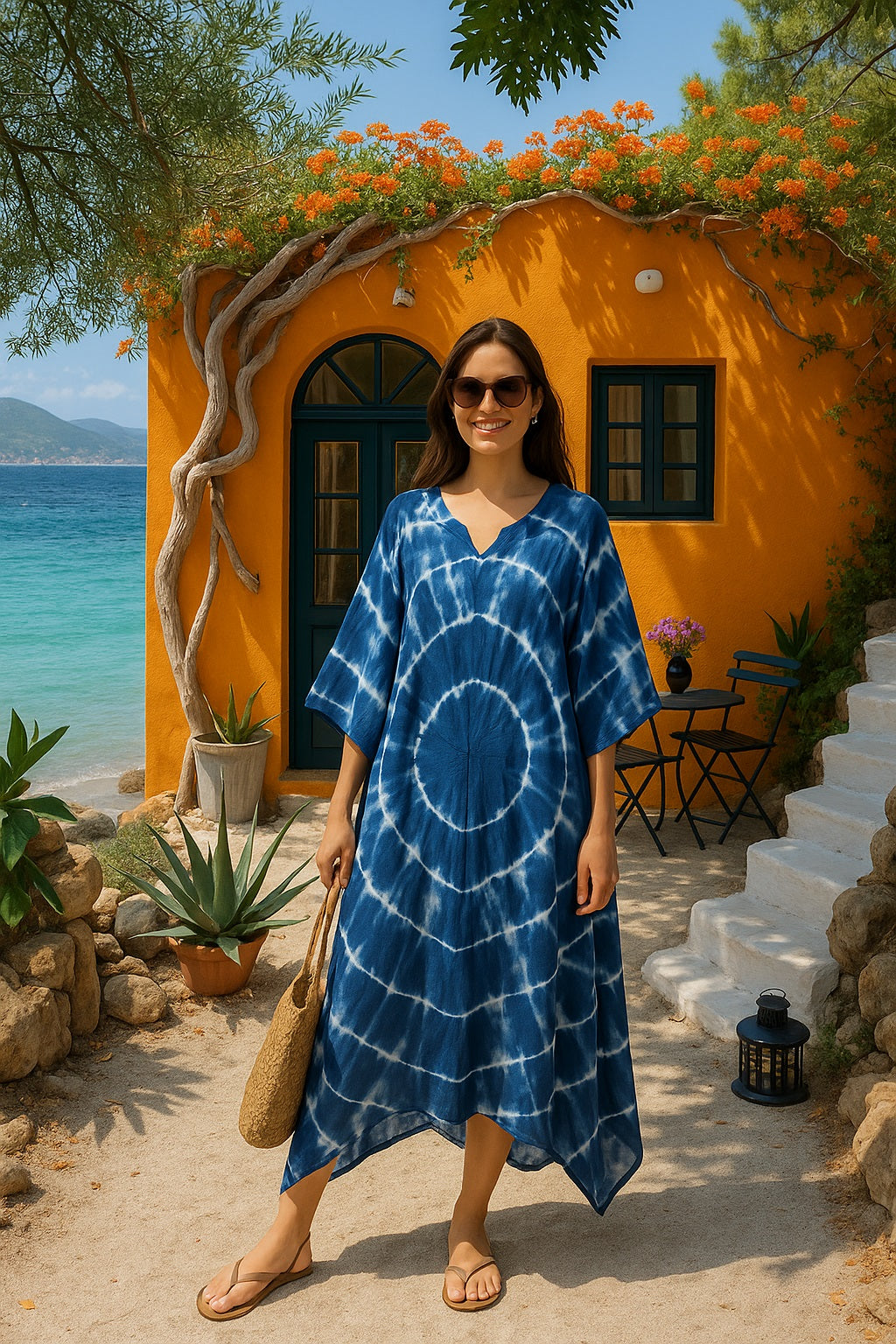 Rayon Crepe Tie Dye Blue Kaftan Kurta (W1125)