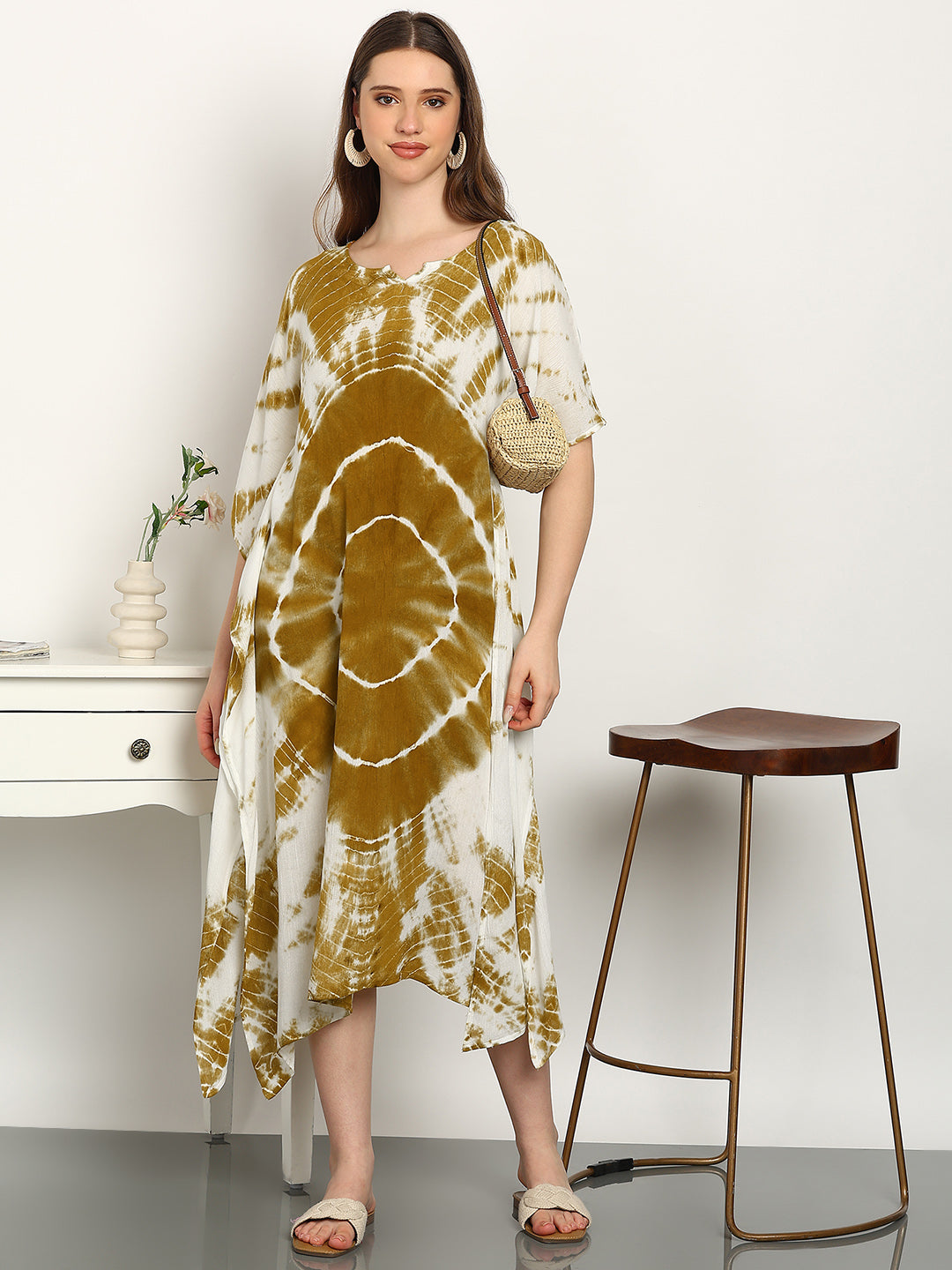 Women Tie & Dye Rayon Crepe Kaftan Dress (W1722)