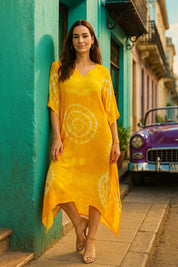 Rayon Crepe Tie Dye Yellow Kaftan Kurta (W1122)