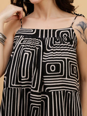 Women Casual Camric Printed Black A-Line Dress (W1816)