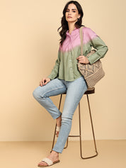 Women Casual Rayon Staple Tie & Dye Spread Collar Full Sleeves Loose Fit Shirt (W1698)