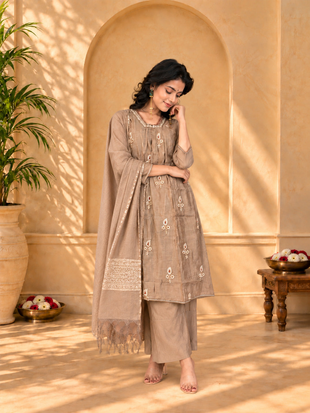 Jaipurhues Luxe Brown Mulchanderi Festive Kurta Set | Kurta Bottom Dupatta (W10002)