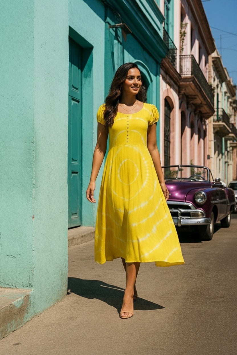 Rayon Tie Dye Yellow Dress (W1280)