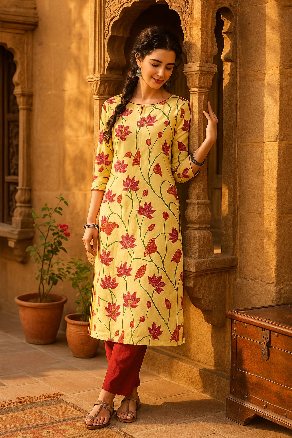 Women Handmade Floral Pure Cotton Straight Yellow Kurta (W1584)