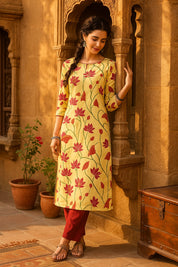 Women Handmade Floral Pure Cotton Straight Yellow Kurta (W1584)